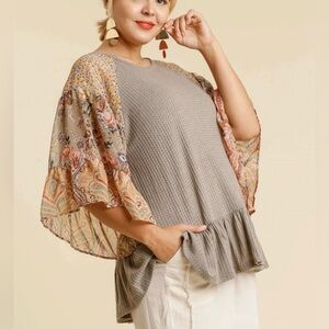 EUC Umgee Top Waffle Knit Floral Paisley Ruffle Tiered Sleeve Boho Tan Small
